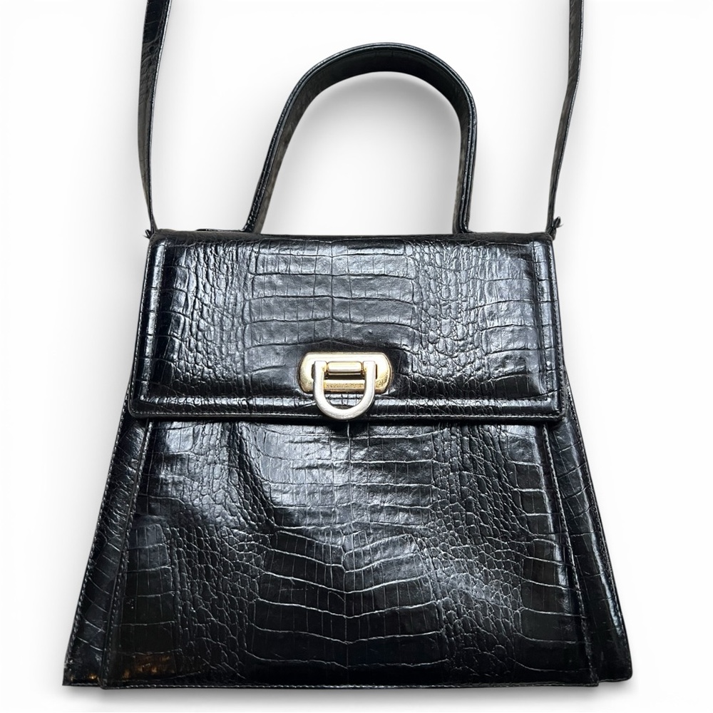Vintage Black Croc Embossed Leather Handbag Neiman Marcus Collection